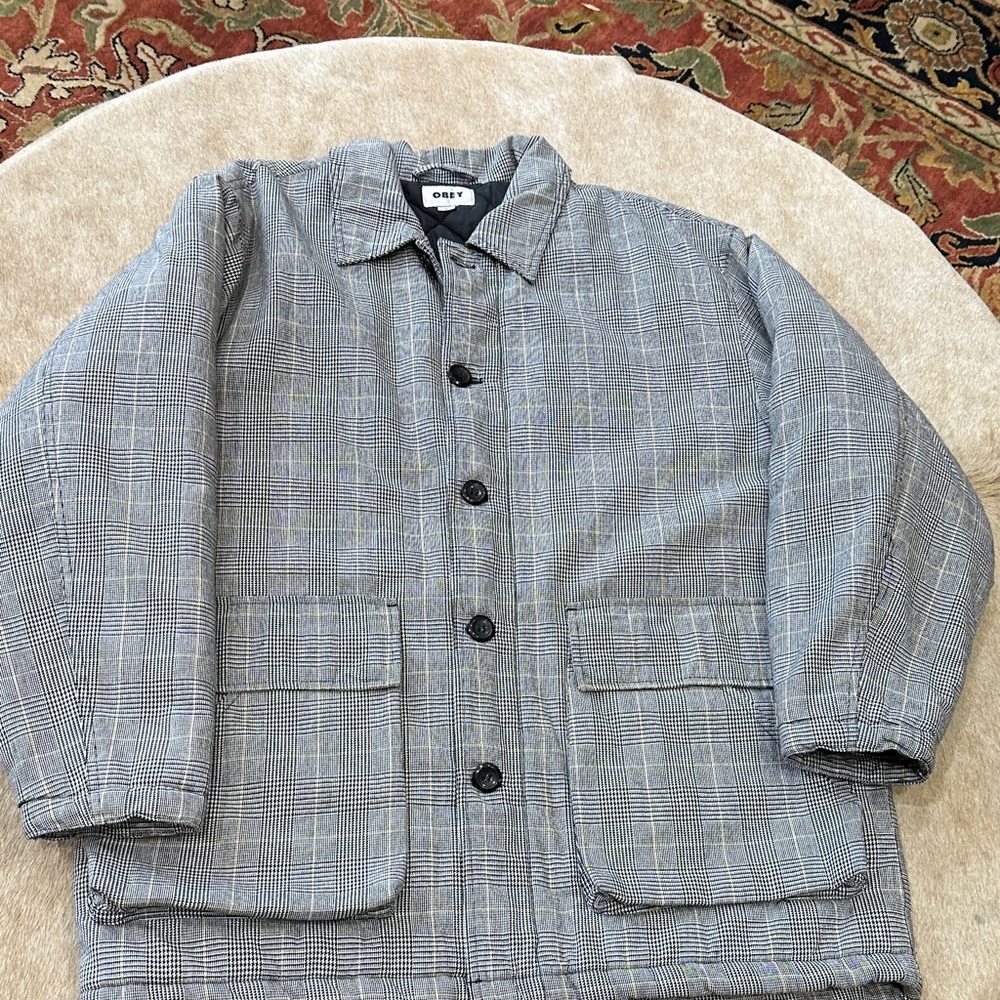 Obey Men's Gray Glen Plaid Quilted Button Puffer Jacket